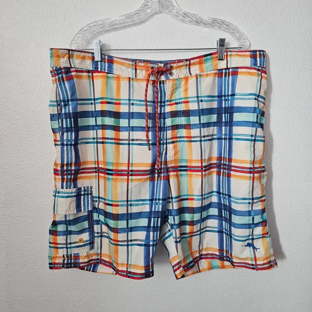 Tommy Bahama Relax Mens XL Plaid Swim Trunks Blue Orange Board Shorts Mesh Liner